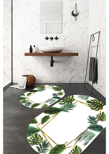 Dijital Baskı Kaymaz Taban Yıkanabilir Modern Oval Ikili Banyo Paspas Takımı 60 x 100 - 40 x 60