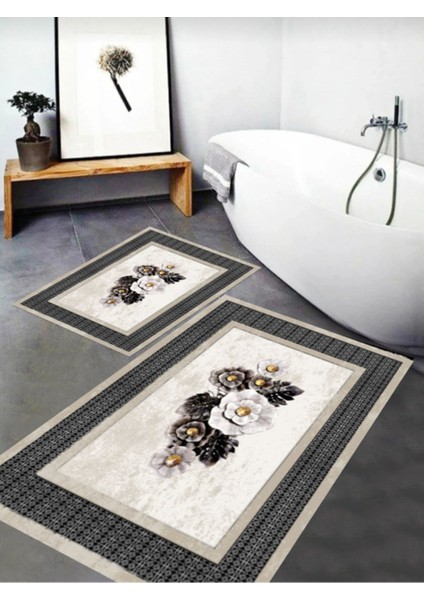 Dijital Baskı Kaymaz Taban Yıkanabilir 2'li Banyo Paspas Takımı 60 x 100 - 40 x 60