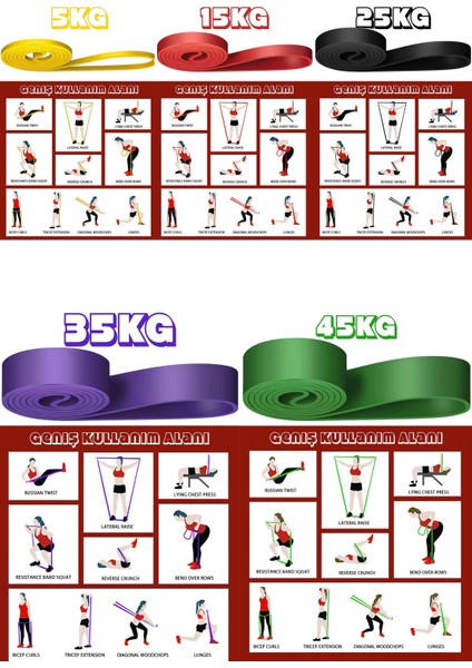 5-15-25-35-45 kg Direnç Bandı Seti Kas Geliştirme Lastiği Fitness Pilates Cross Training Bant 5 Boy