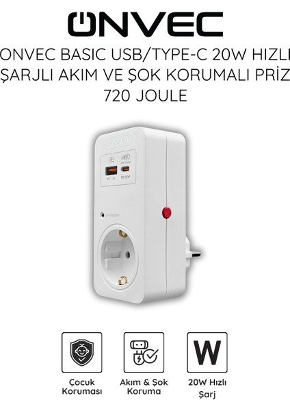 Basic Usb/Type-c 20W Hızlı Şarjlı Akım ve Şok Korumalı Priz 720 Joule