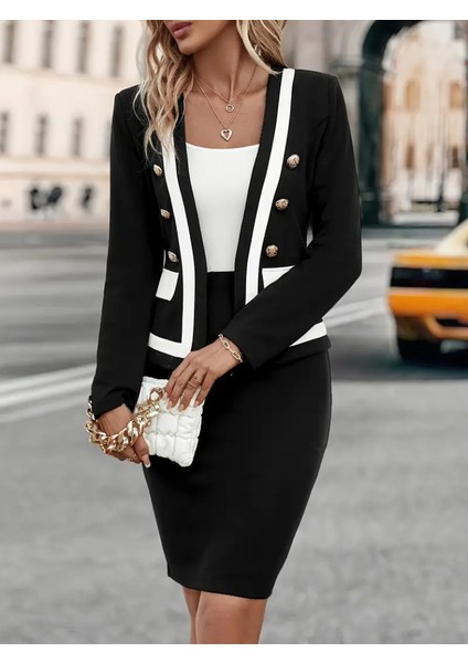 Kadın Uzun Kollu Önden Düğmeli Atlas Ceket ve Yüksek Bel Kısa Etek Ikili Takım indirimleri