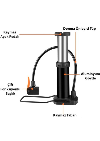 Manuel Ayaklı Pompa Bisiklet Top Havuz Şişirme Pompası Siyah +2uç