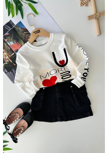 Kalp Baskılı Örgü Detaylı Kot Etekli Kız çocuk takım - Beyaz