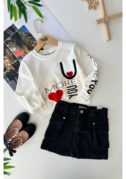 Kalp Baskılı Örgü Detaylı Kot Etekli Kız çocuk takım - Beyaz fiyatları