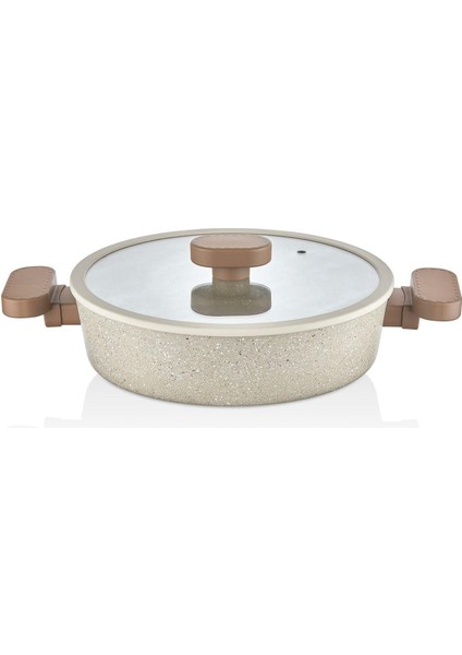 26 Cm Basık Silikon Kenarlı Cam Kapak Granit Tencere - Kahverengi