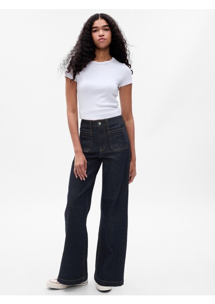 Kadın Lacivert High Rise Stride Wide-Leg Jean Pantolon