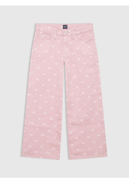 Kız Çocuk Pembe Fiyonk Işlemeli Wide Leg Jean Pantolon