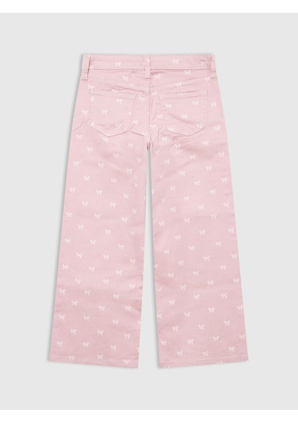 Kız Çocuk Pembe Fiyonk Işlemeli Wide Leg Jean Pantolon