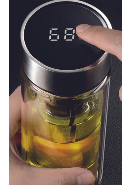 Dijital LED Derece Göstergeli Çift Katmanlı Taşıma Kılıflı Cam Termos 500 ml
