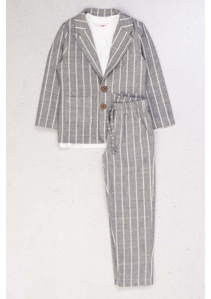 Erkek Çocuk Kruvaze Yaka Kesim Çizgili Keten Blazer Ceket Penye T-Shirt Füme Keten Alt Üst Takım