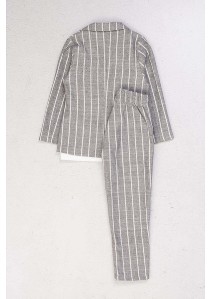 Erkek Çocuk Kruvaze Yaka Kesim Çizgili Keten Blazer Ceket Penye T-Shirt Füme Keten Alt Üst Takım fiyatları