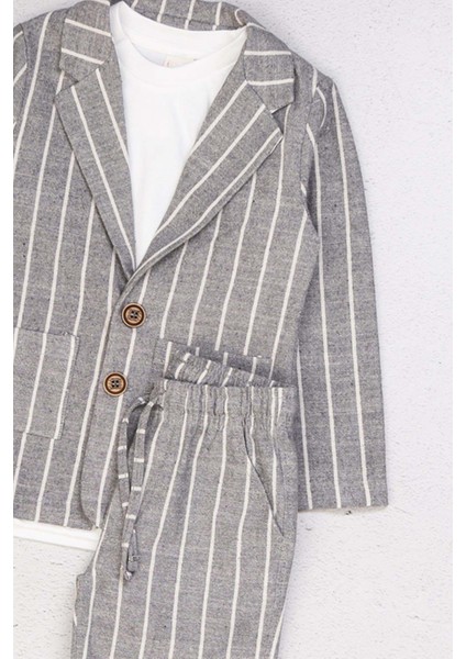 Erkek Çocuk Kruvaze Yaka Kesim Çizgili Keten Blazer Ceket Penye T-Shirt Füme Keten Alt Üst Takım modelleri