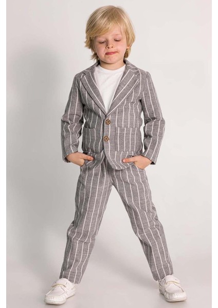 Erkek Çocuk Kruvaze Yaka Kesim Çizgili Keten Blazer Ceket Penye T-Shirt Füme Keten Alt Üst Takım fırsatları
