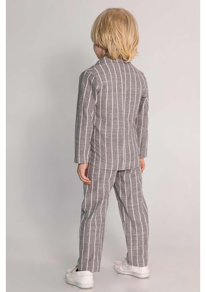 Erkek Çocuk Kruvaze Yaka Kesim Çizgili Keten Blazer Ceket Penye T-Shirt Füme Keten Alt Üst Takım indirimleri