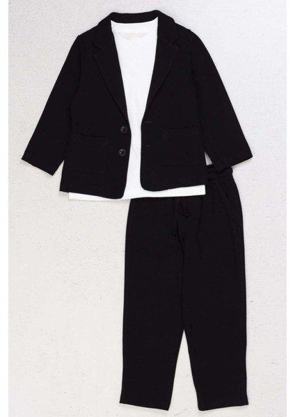 Erkek Çocuk Kruvaze Yaka Kesim Çift Cepli Keten Blazer Ceket Penye T-Shirt Siyah Keten Alt Üst Takı
