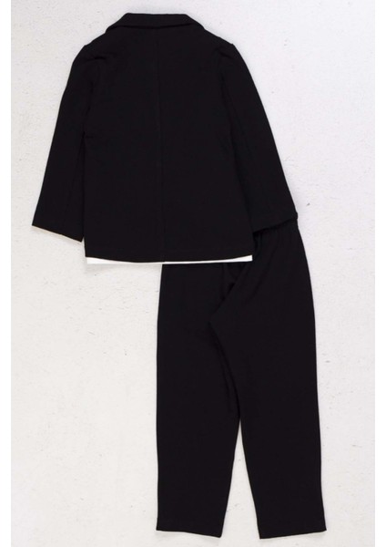 Erkek Çocuk Kruvaze Yaka Kesim Çift Cepli Keten Blazer Ceket Penye T-Shirt Siyah Keten Alt Üst Takı