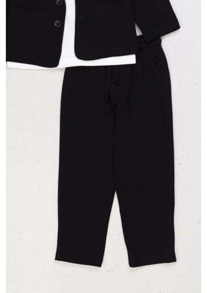 Erkek Çocuk Kruvaze Yaka Kesim Çift Cepli Keten Blazer Ceket Penye T-Shirt Siyah Keten Alt Üst Takı