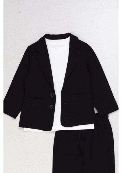 Erkek Çocuk Kruvaze Yaka Kesim Çift Cepli Keten Blazer Ceket Penye T-Shirt Siyah Keten Alt Üst Takı
