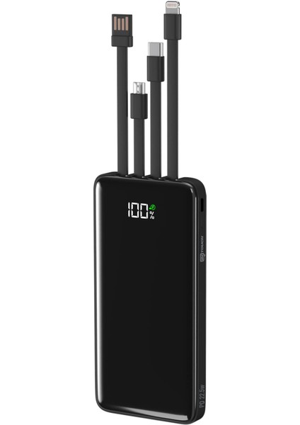 10.000 mAh Quick 22,5W Pd Qc 3.0 Dijital Göstergeli Dahili Çoklu Kablolu Powerbank