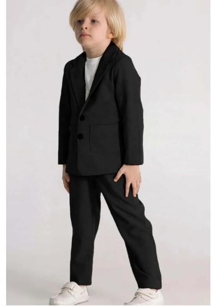 Erkek Çocuk Kruvaze Yaka Kesim Çift Cepli Keten Blazer Ceket Penye T-Shirt Siyah Keten Alt Üst Takı