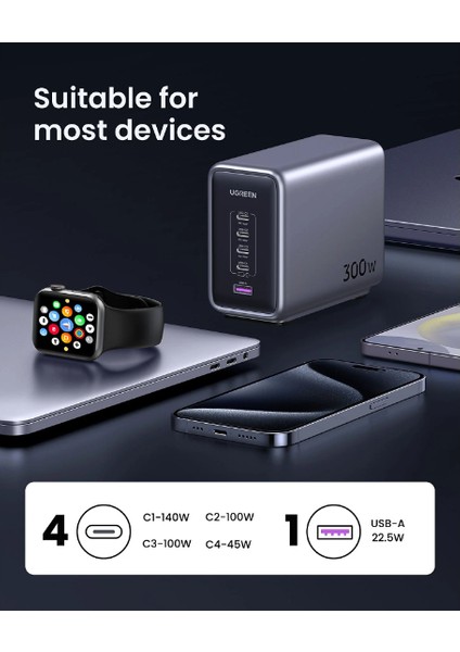 Nexode 300W Gan 5 Portlu Hızlı Şarj Cihazı Istasyonu, 4xusb-C, 1xusb-A, Gri - 90903