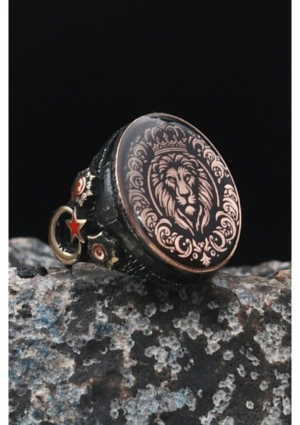 Kral Taç Motifli Aslan Figürlü ve Ay Yıldızlı (Ayyıldızlı) 925 Ayar Gümüş Erkek Yüzüğü 901465