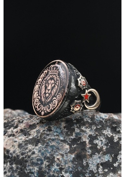 Kral Taç Motifli Aslan Figürlü ve Ay Yıldızlı (Ayyıldızlı) 925 Ayar Gümüş Erkek Yüzüğü 901465 fırsatları