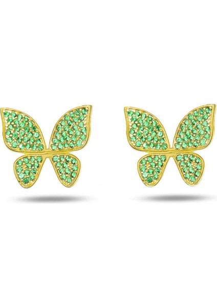 925 Ayar Gümüş Yeşil Taşlı Minimal Kelebek Kadın Küpe