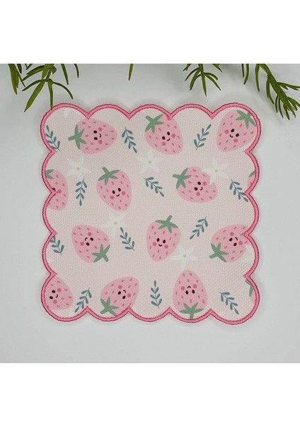 Pastel Şirin Pinterest Stili Çilek Desenli Nakış Kenar Kokteyl Peçetesi 1 Adet