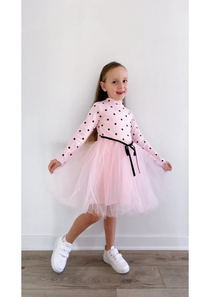 Linda Kız Bebek Çocuk Elbise Puantiyeli Esnek Likralı Pembe