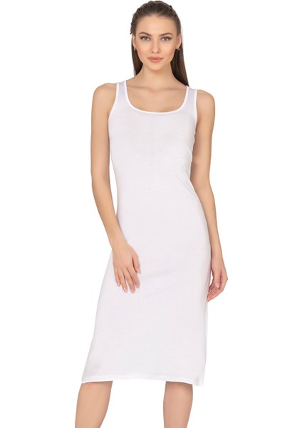 Özkan 27372 Kadın Premium Kumaş Viskon Diz Altı Uzun Esnek Rahat Kalın Askılı Kombinezon Elbise Jüpon Astar