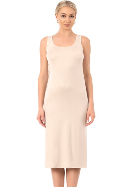 Özkan 27372 Kadın Premium Kumaş Viskon Diz Altı Uzun Esnek Rahat Kalın Askılı Kombinezon Elbise Jüpon Astar