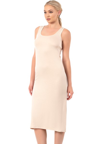 Özkan 27372 Kadın Premium Kumaş Viskon Diz Altı Uzun Esnek Rahat Kalın Askılı Kombinezon Elbise Jüpon Astar modelleri