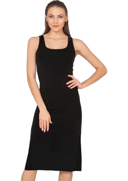 Özkan 27372 Kadın Premium Kumaş Viskon Diz Altı Uzun Esnek Rahat Kalın Askılı Kombinezon Elbise Jüpon Astar