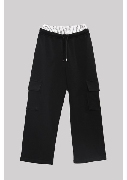 Beli Lastikli Kız Çocuk Kargo Pantolon Siyah