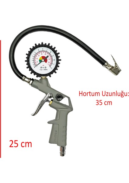 Basınç Göstergeli Lastik Şişirme Tabancası Saatli Jak Hortum ve Sibop Uyumlu Şambrel Tekerlek Hava