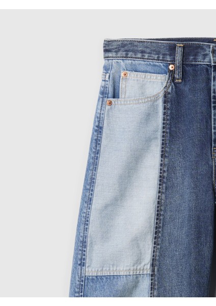 Kadın Mavi High Rise Patchwork Barrel Jean Pantolon fiyatları