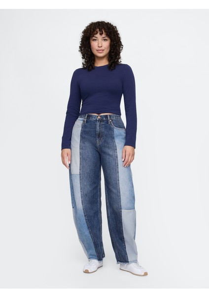 Kadın Mavi High Rise Patchwork Barrel Jean Pantolon indirimleri