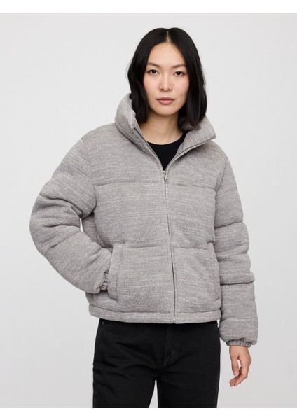 Kadın Gri Relaxed Crop Puffer Şişme Mont