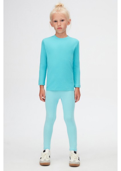 Açık Turkuaz Basic Unisex Çocuk Kışlık Sıfır Yaka Uzun Kollu Tişört