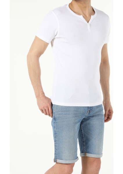 Slim Fit Placket Neck Erkek Beyaz Kısa Kol Tişört Cl1040245