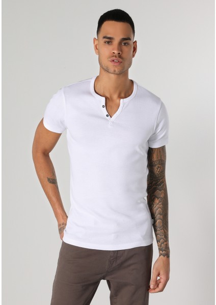 Slim Fit Placket Neck Erkek Beyaz Kısa Kol Tişört Cl1040245