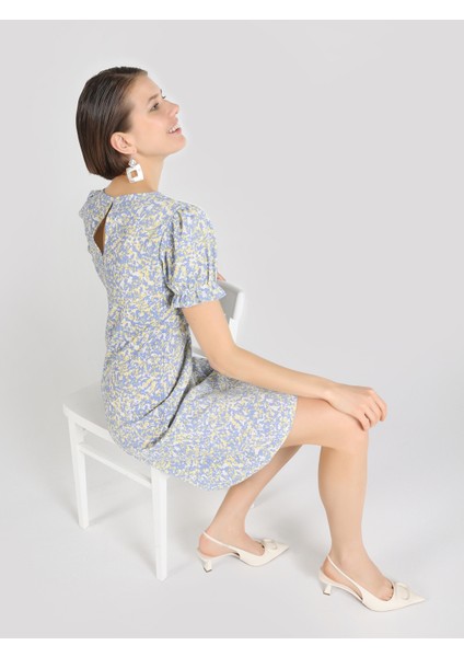 Regular Fit Kare Yaka Baskılı Mini Çok Renkli Kadın Elbise