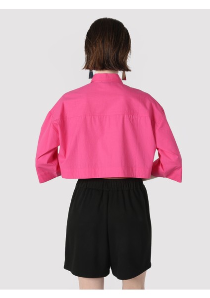 Regular Fit Cepli Pembe Kadın Uzun Kol Gömlek
