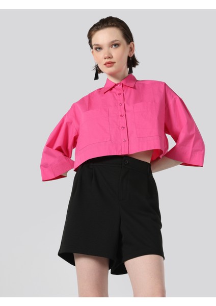 Regular Fit Cepli Pembe Kadın Uzun Kol Gömlek