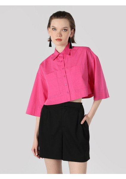 Regular Fit Cepli Pembe Kadın Uzun Kol Gömlek