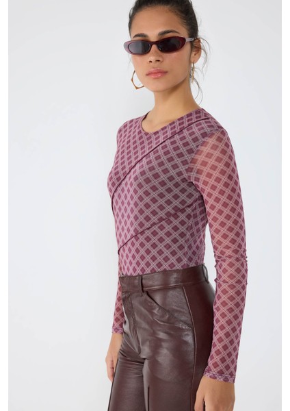 Bordo Desenli Transparan Uzun Kollu Body