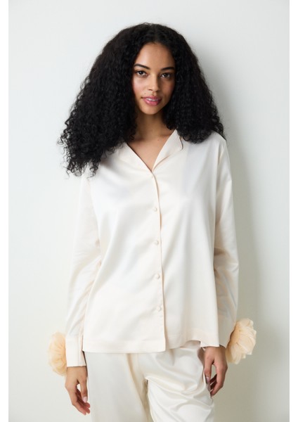 Roses Saten Gömlek Pantolon Krem Pijama Takımı modelleri