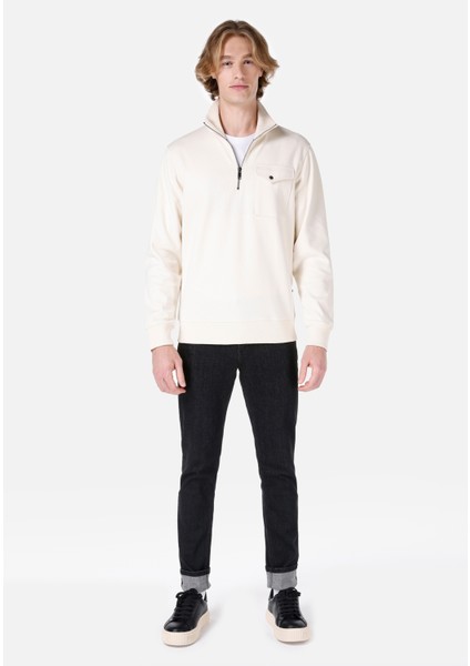 Regular Fit Fermuarlı Yaka Basic Taş Erkek Uzun Kol Tişört