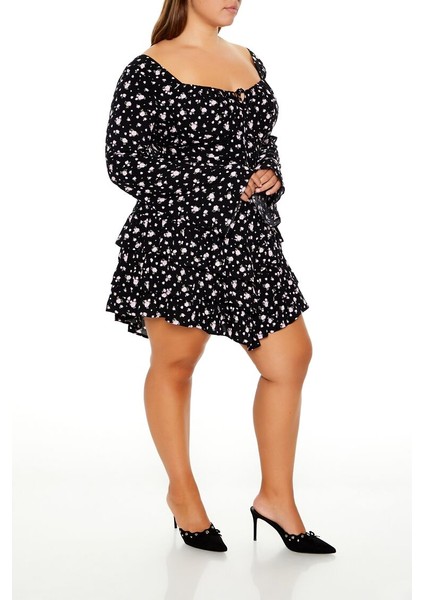 Plus Size Çiçek Desenli Mini Elbise
